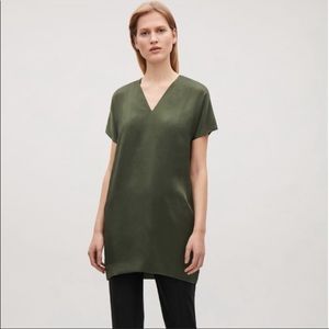 COS Silk V Neck Dress Cap Sleeves Dark Green